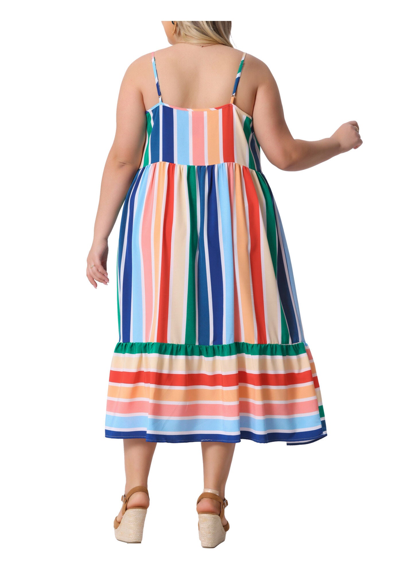 Summer Sleeveless Adjustable Straps Striped Loose Midi Cami Dress, Green Pink / Pink, alternate image number 3