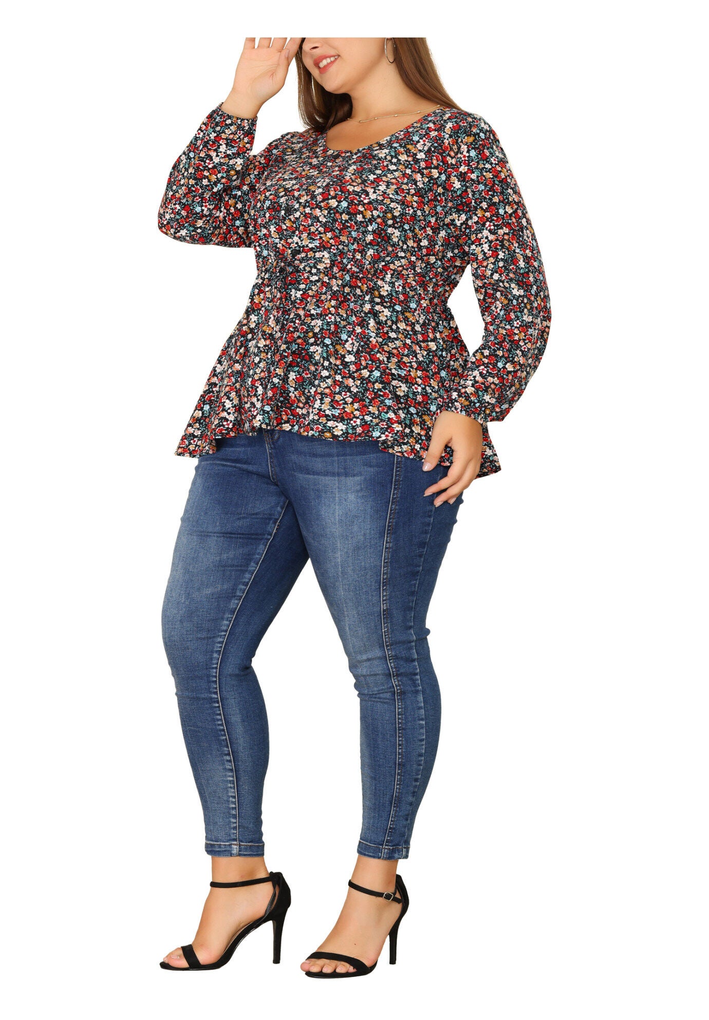 Floral Print Long Sleeves Belt Tie Ruffle Casual Peplum Top, Black / Black, alternate image number 1