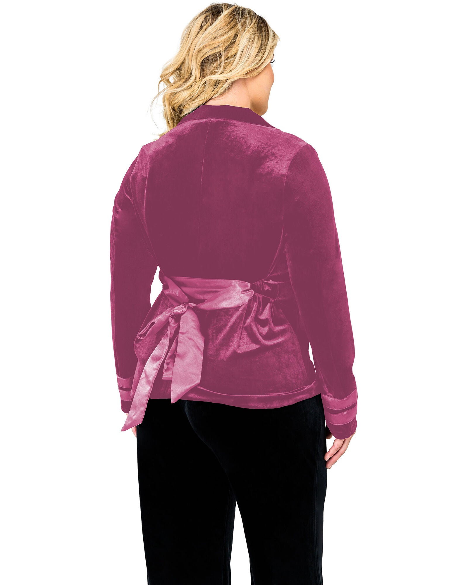 Plus Size Lottie Stretch Velvet Wrap Smoking Jacket With Satin Lapel And Satinbelt, Rose / Magenta, alternate image number 1