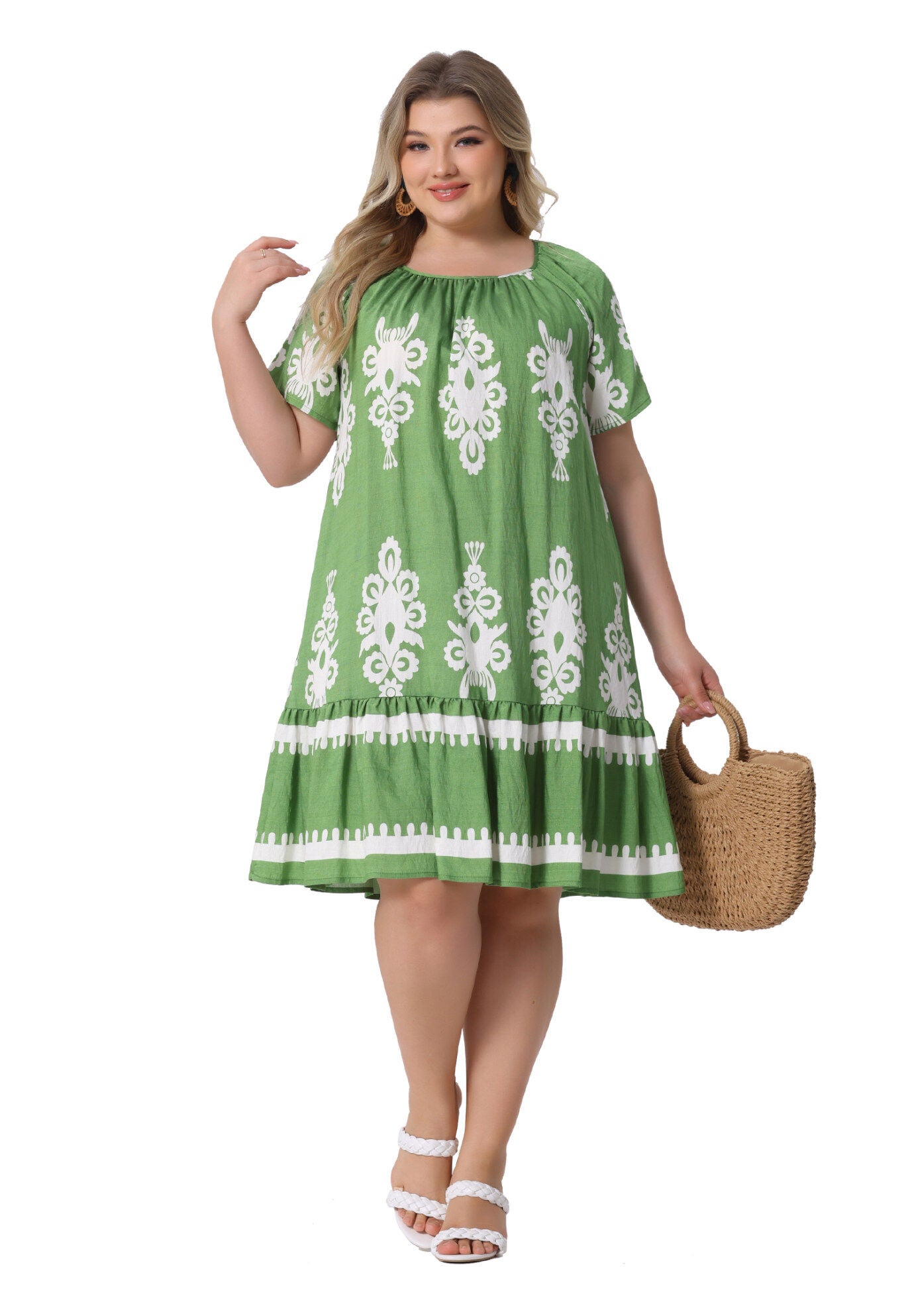 Summer Boho Short Sleeve Flared Midi Sun Dress, Green / Light Green, hi-res image number 0