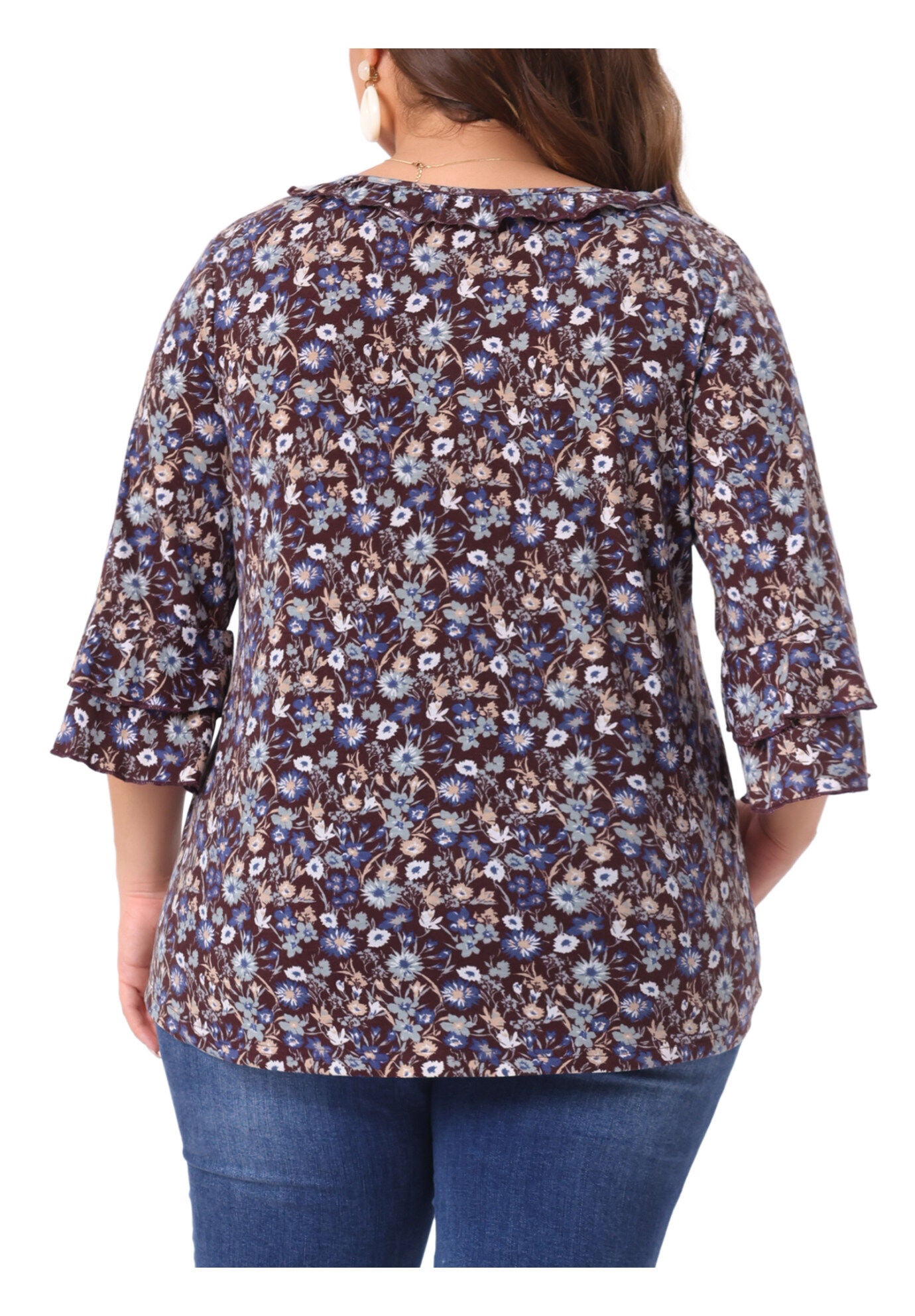 Floral Print V Neck Tiered Ruffle Bell Sleeve Blouse Top, Red Brown / Burnt Orange, alternate image number 3