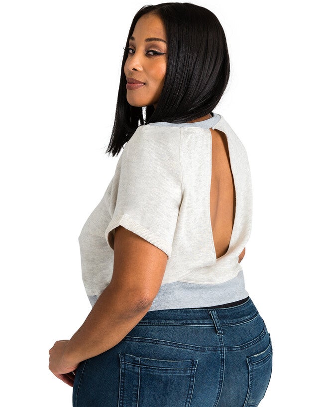 Plus Size Curvy Women French Terry Open Back Dropped Shoulder Top, Oatmeal / Light Grey, alternate image number 2
