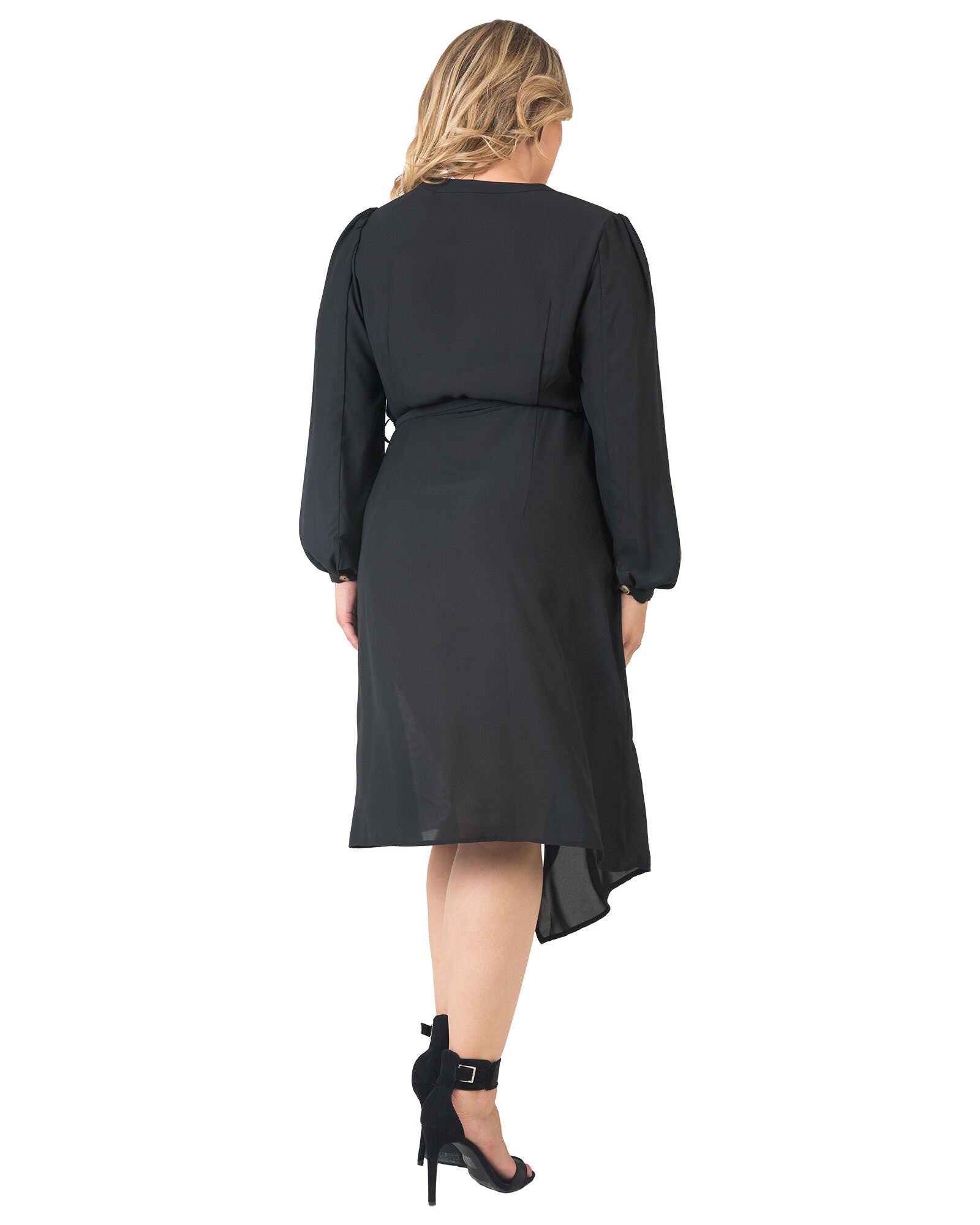 Standards & Practices Asymmetrical Hem Button-Up Wrap Lantern Sleeve Dress, BLACKBROWN / Black, alternate image number 3