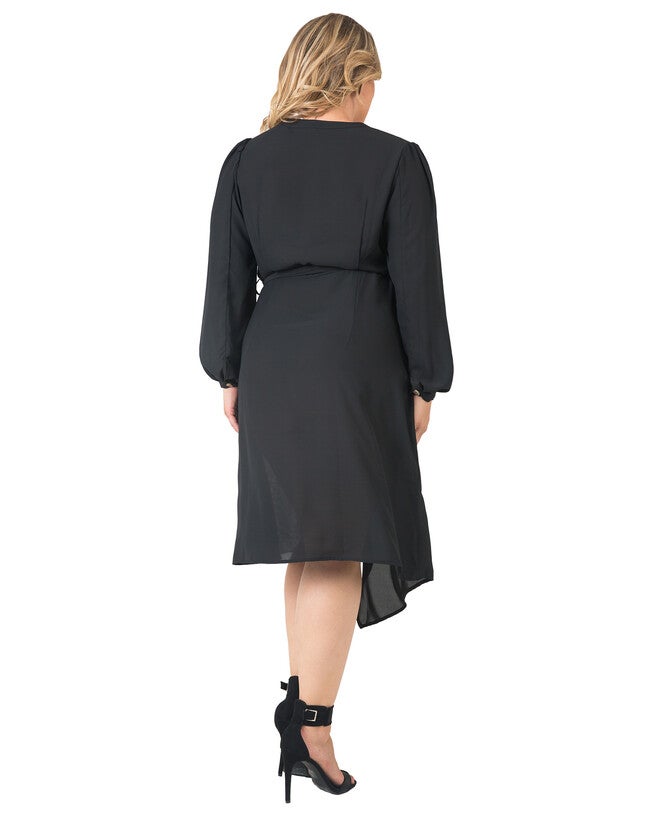 Standards & Practices Asymmetrical Hem Button-Up Wrap Lantern Sleeve Dress, BLACKBROWN / Black, alternate image number 3