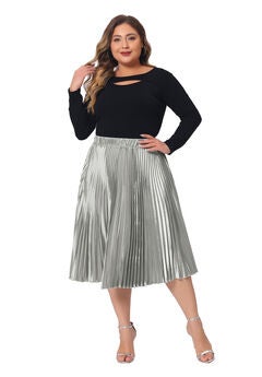 Elastic High Waist Metallic Shiny Accordion Pleated Midi Skirt