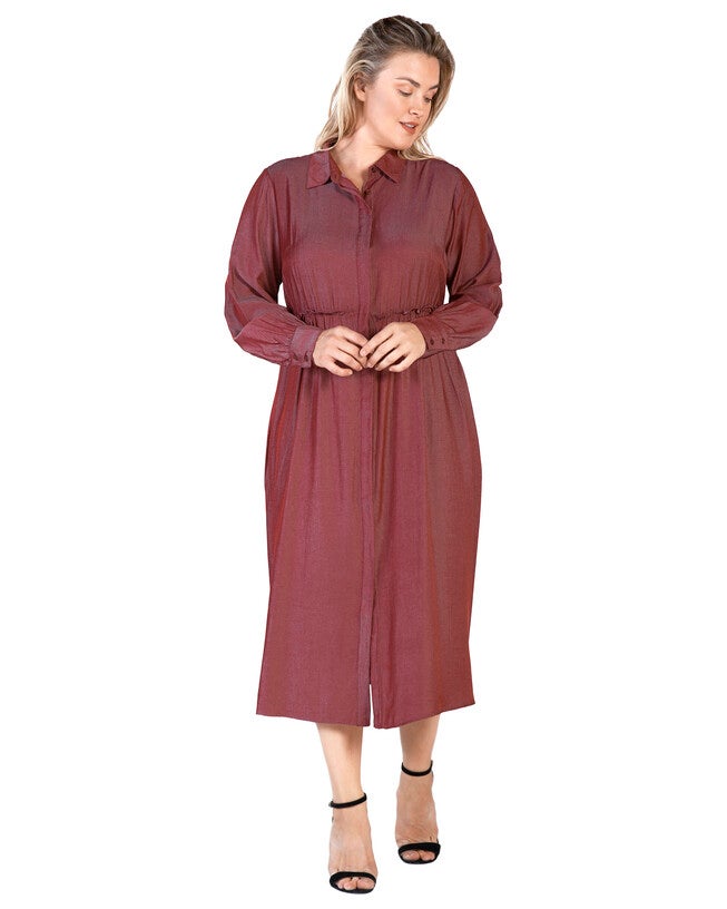 Chloe Women's Plus Size Button Front Shirt Dress With Cuffed Balloon Sleeves - Merlot, Merlot / Burgundy, alternate image number null