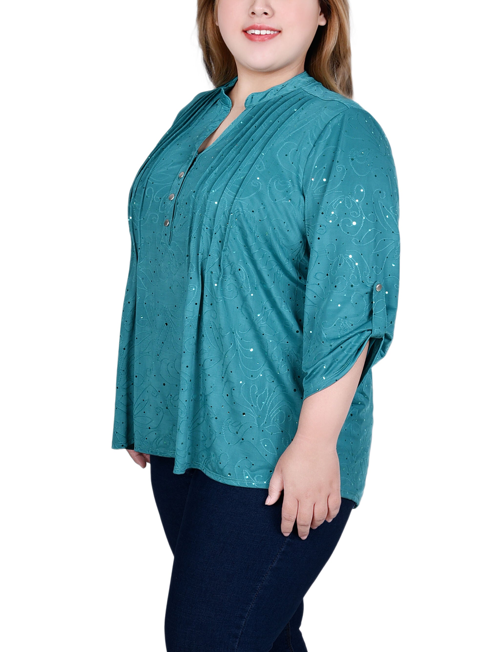 3/4 Sleeve Roll Tab Y Neck Top, Emerald, alternate image number 2
