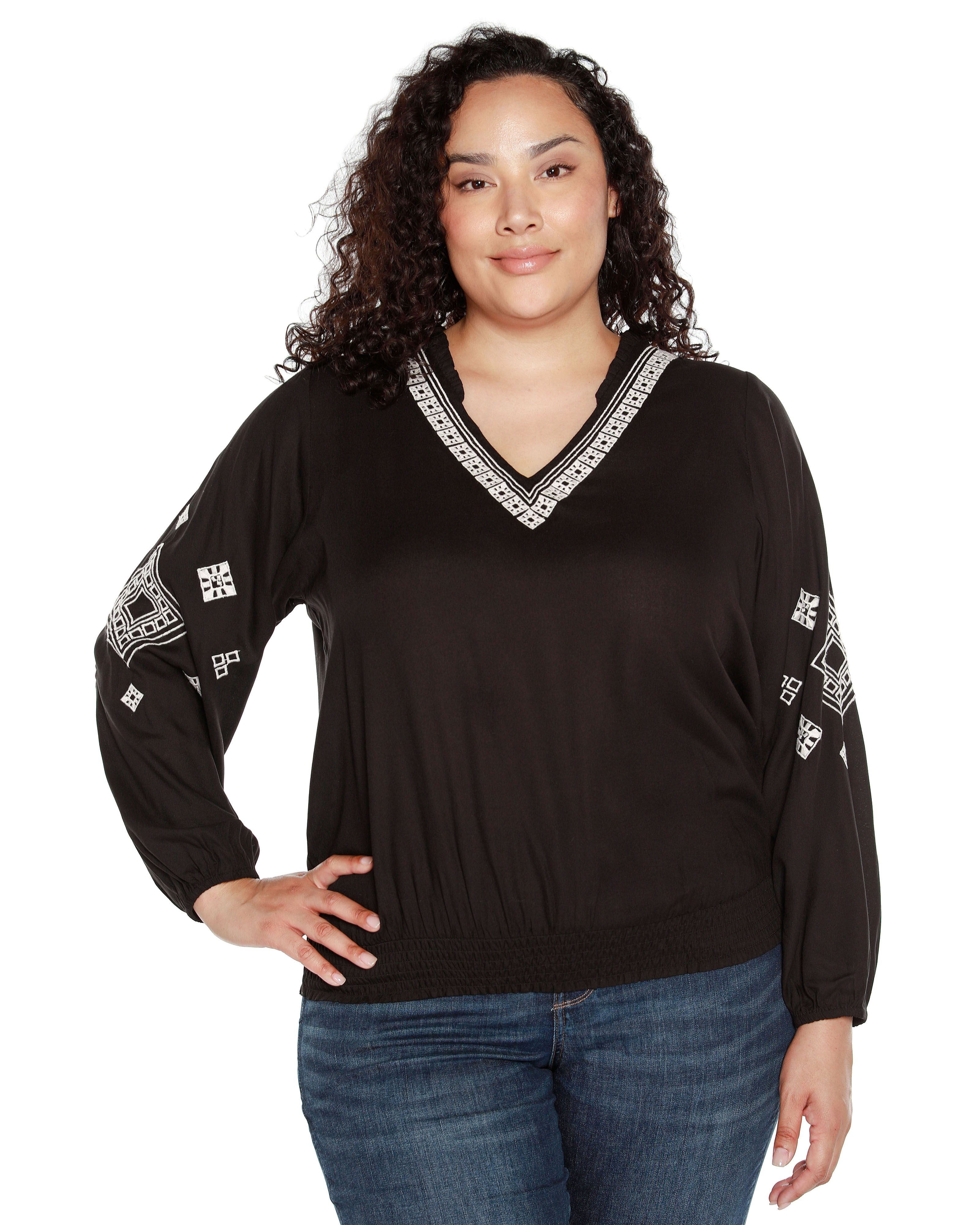 EMBROIDERED BLOUSON SLEEVE V-NECK BLOUSE, Black / Black, hi-res image number 0