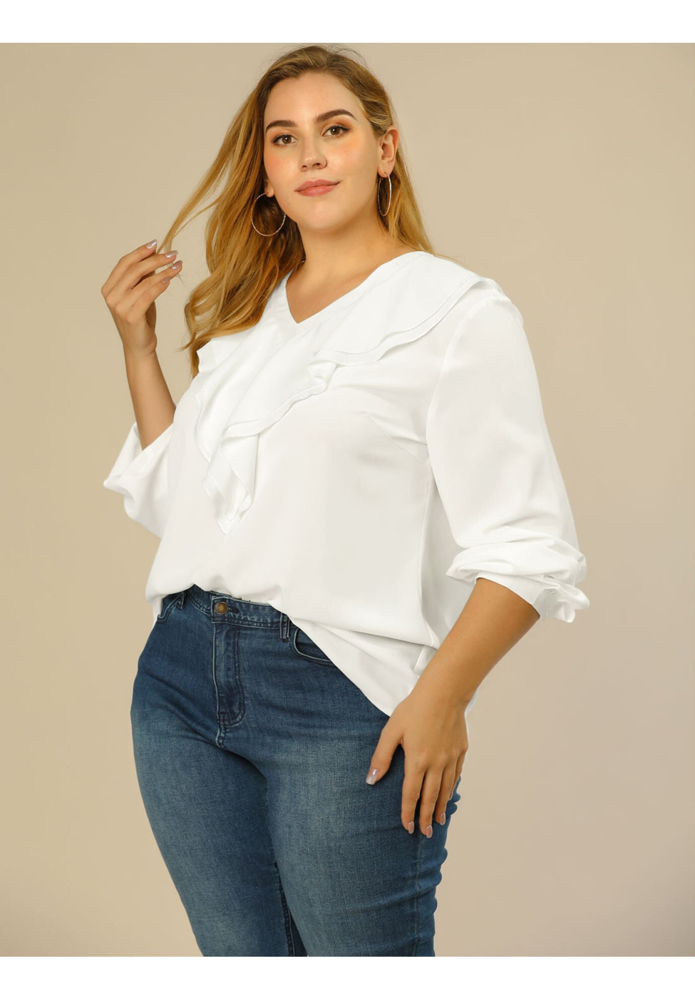 RUFFLE BLOUSE CHIFFON V NECK LONG SLEEVE SHIRT TOP, White / White, alternate image number 1