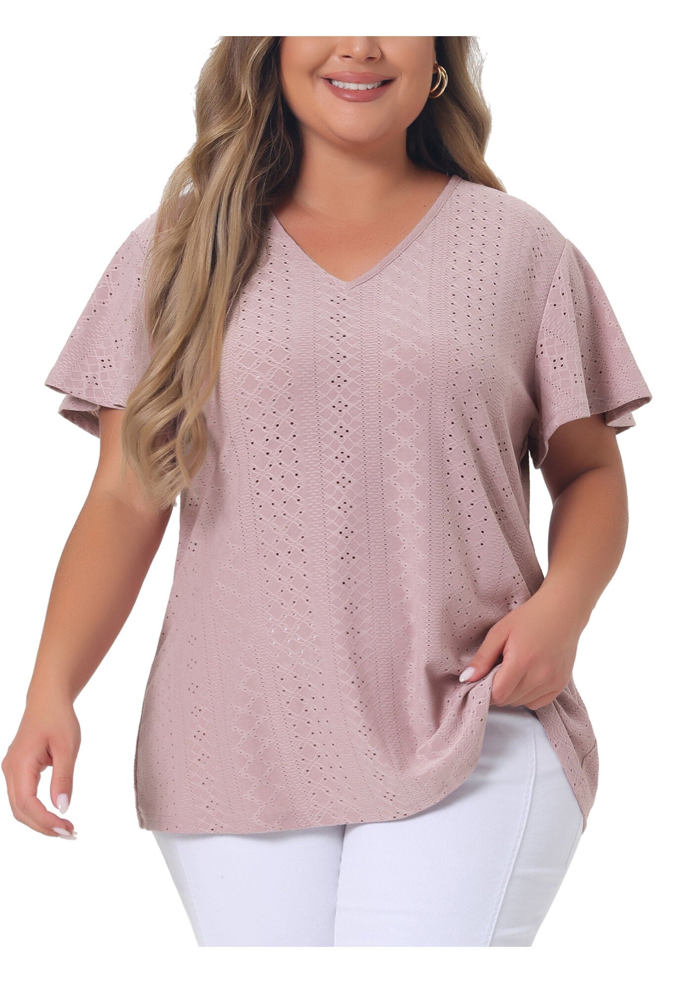 Summer Tee V Neck Hollow Flare Short Sleeve Casual Top Tunic, Pink / Pink, alternate image number 2