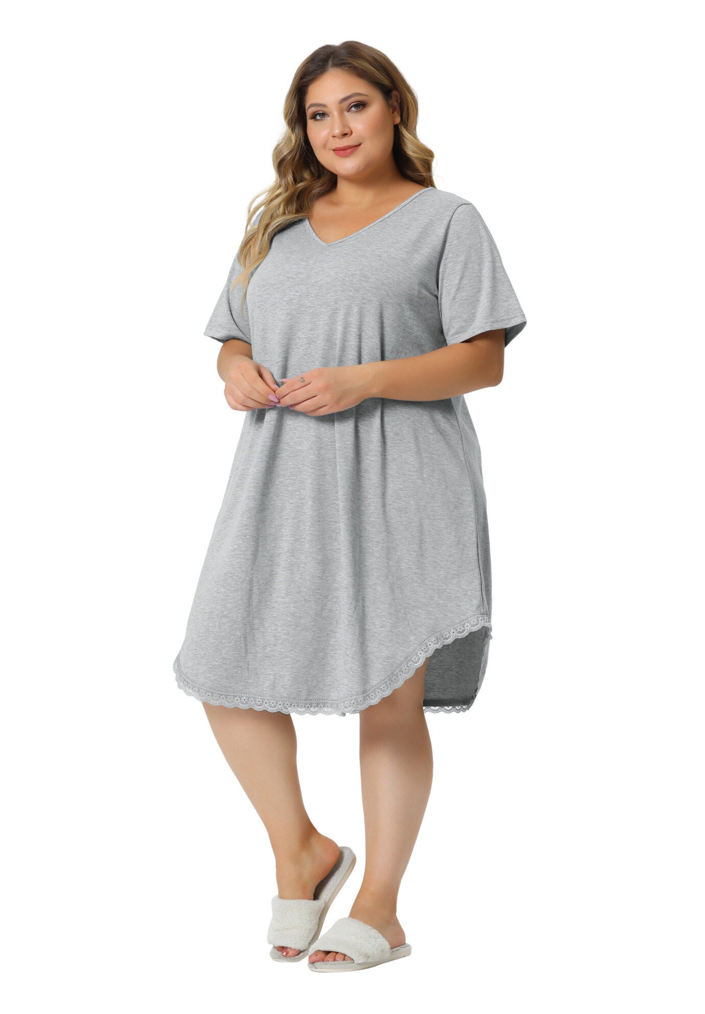 Short Sleeve V Neck Pajama Sleepdress, Light Gray / Light Grey, hi-res image number 0