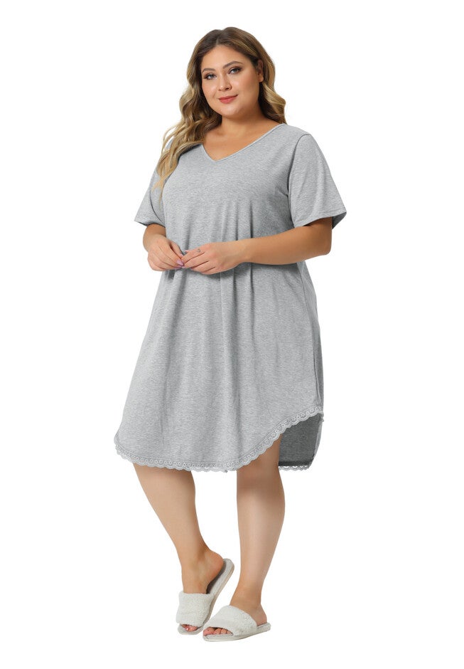Short Sleeve V Neck Pajama Sleepdress, Light Gray / Light Grey, hi-res image number 0