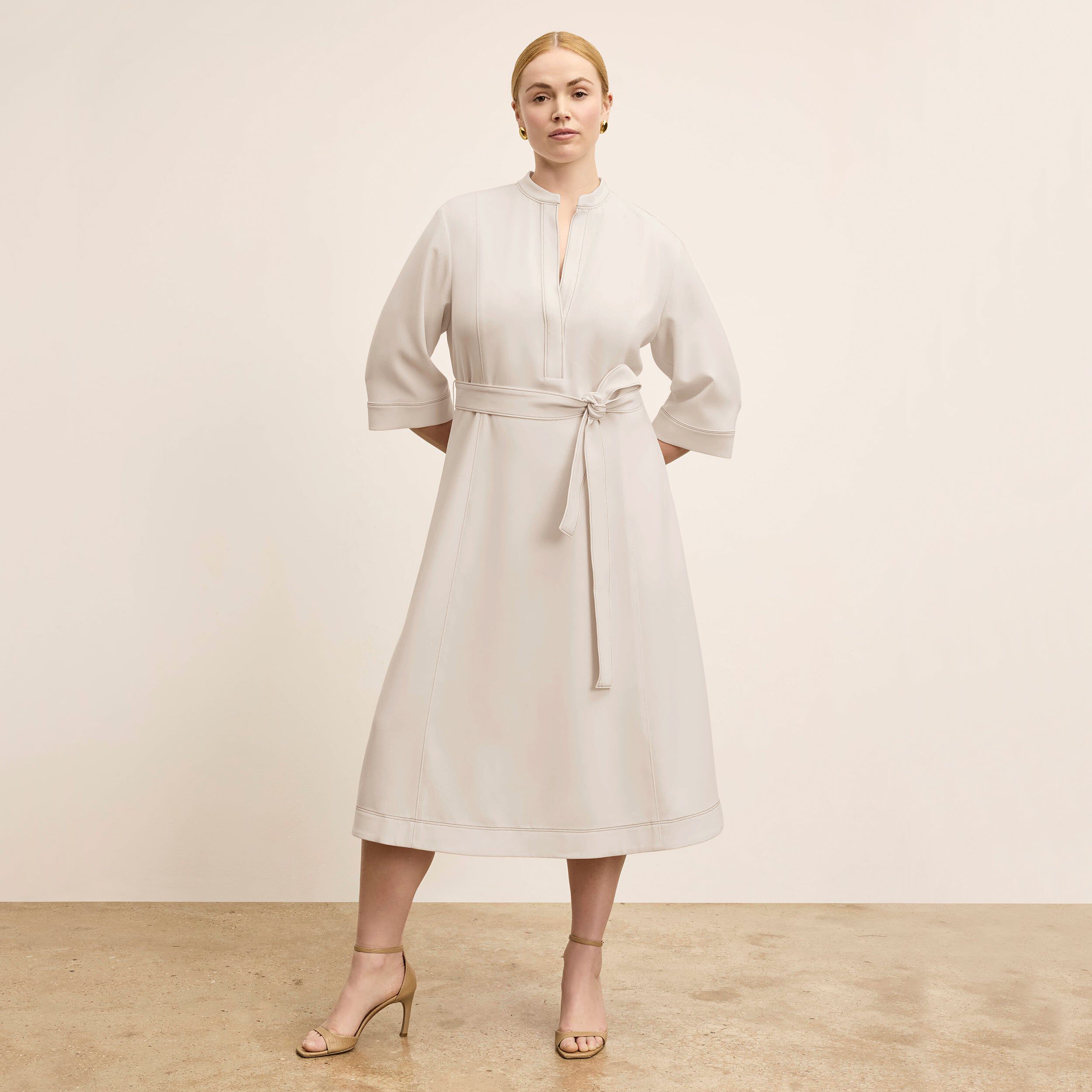 Lauleh Dress - Everyday Crepe with Topstitch, Eggshell / Warm Grey, alternate image number 4