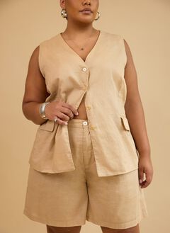 SIOBHAN LINEN WIDE LEG SHORTS WITH POCKETS - BEIGE