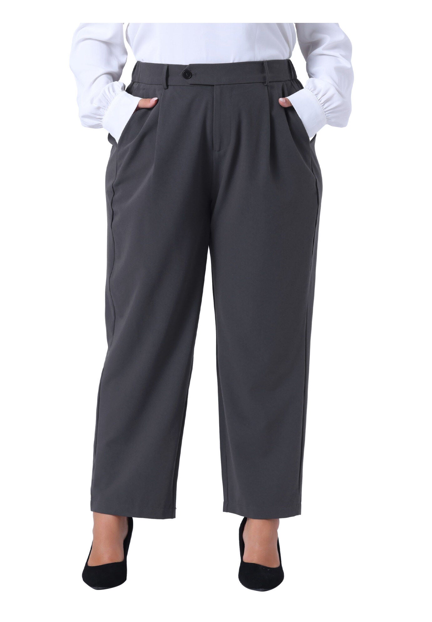 ELASTIC HIGH WAISTED LONG STRAIGHT BUSINESS CASUAL TROUSERS, Gray / Cool Gray, alternate image number 1