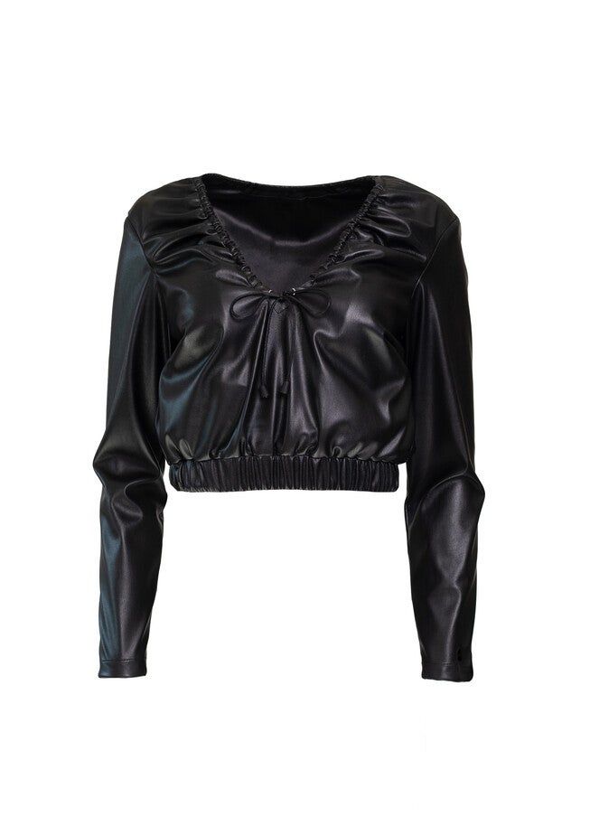 Leather' Long Sleeve Crop Top, Black / Black, alternate image number 2