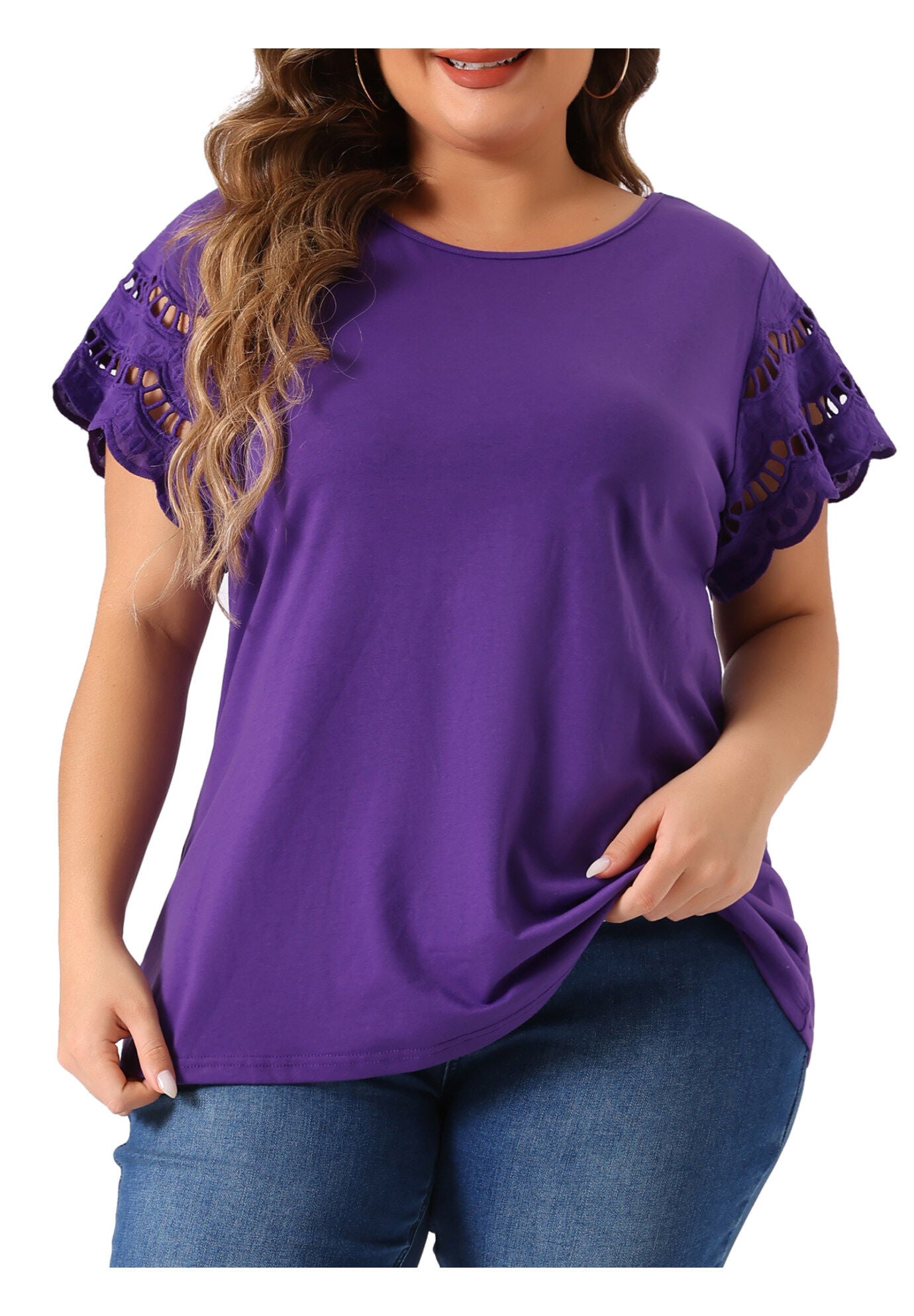 Lace Panel Hollow Short Sleeve Summer Blouse, Purple / Purple, alternate image number 3