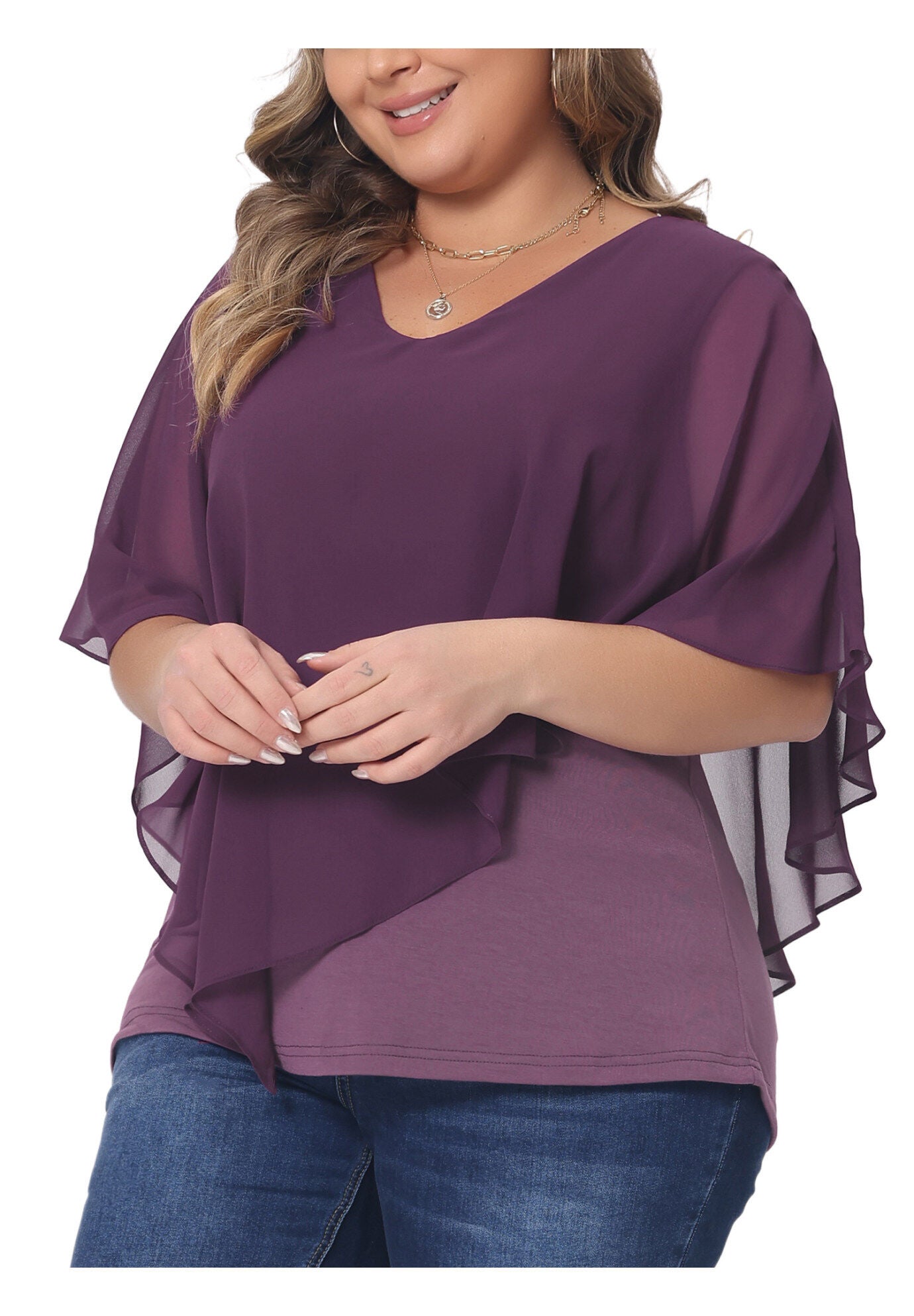 V Neck Flowy Shirt Double Layered Chiffon Top, Purple / Purple, alternate image number 1