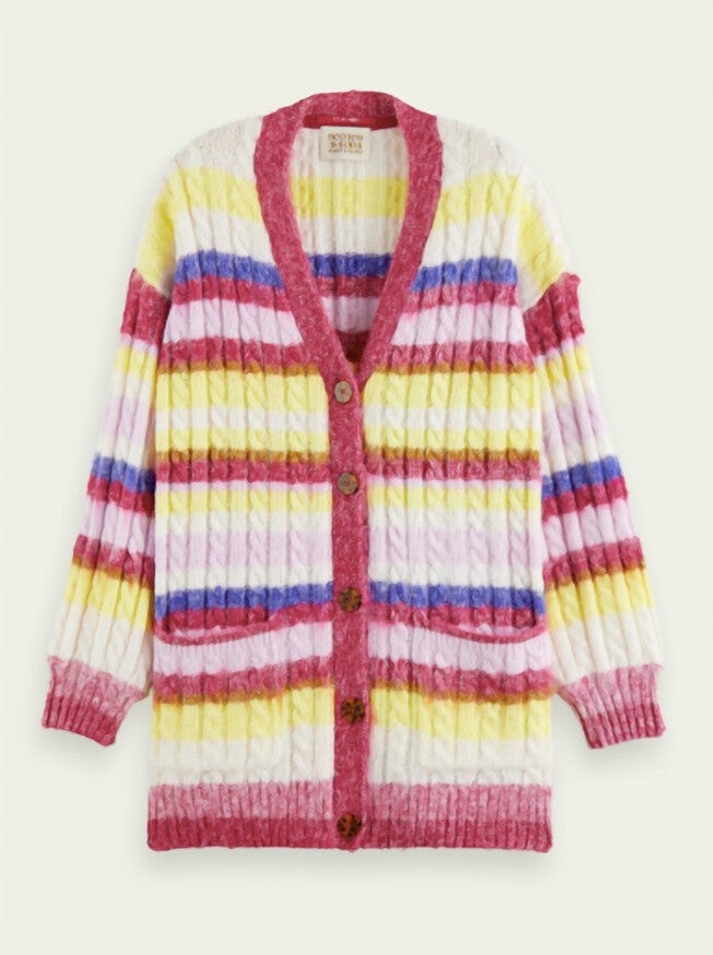 BRUSHED MIXED STRIPE MID LENGTH CARDIGAN IN CHERRY PIE, Cherry Pie / White, alternate image number null