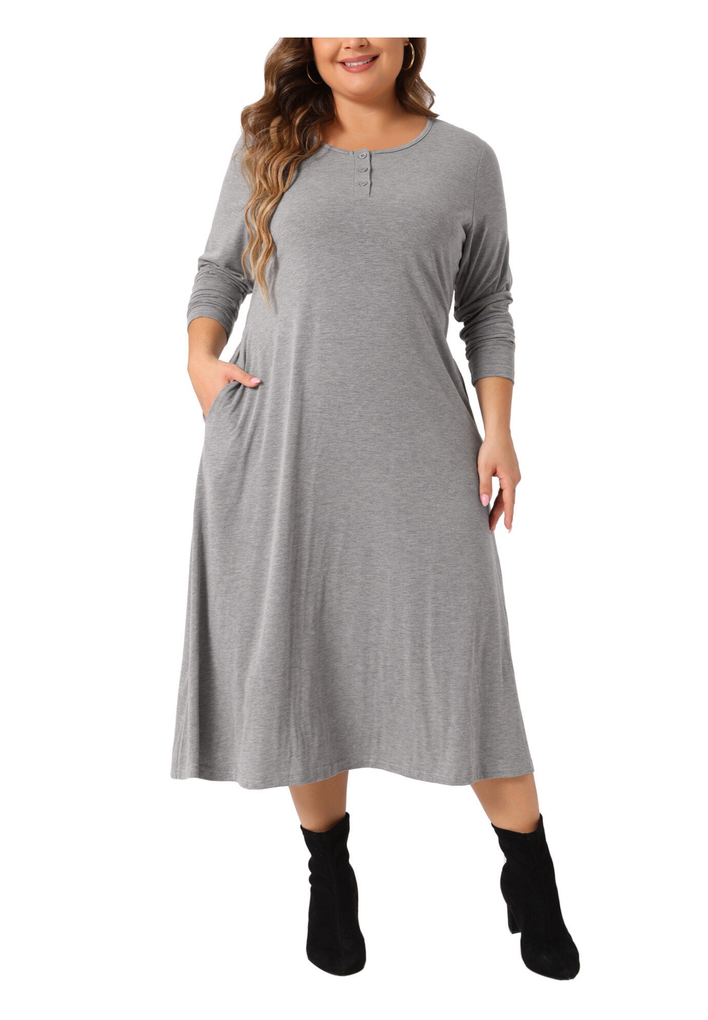 Crew Neck Long Sleeve T-Shirt Dress with Pockets, Gray / Light Grey, alternate image number 2