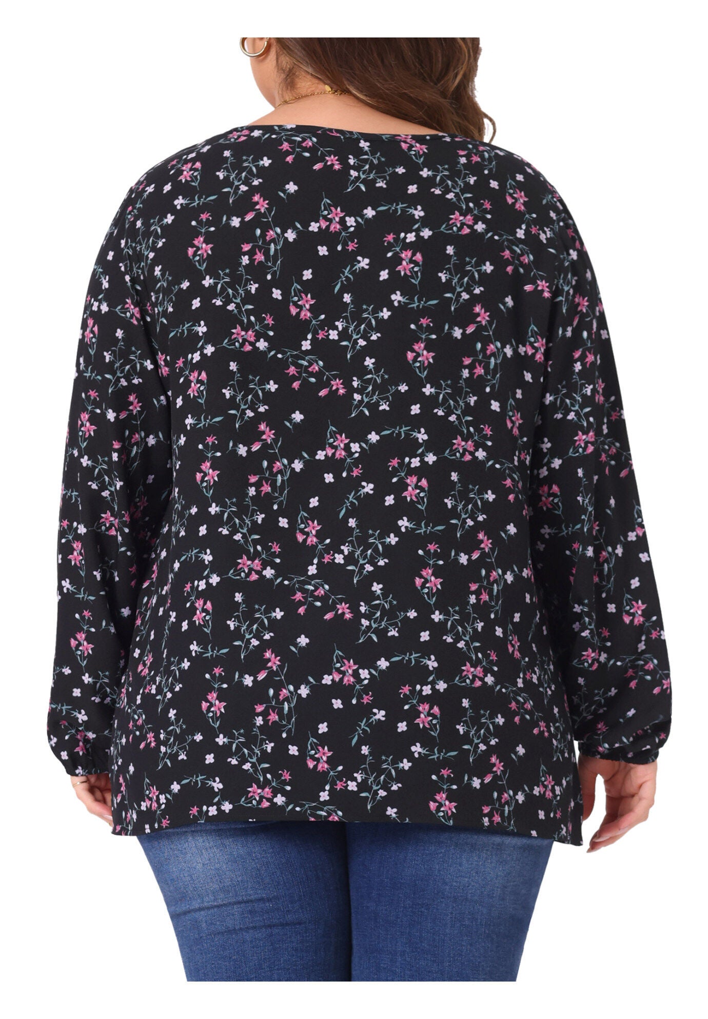 Chiffon Long Sleeve Keyhole Blouse Floral Top, Black Pink / Black, alternate image number 3