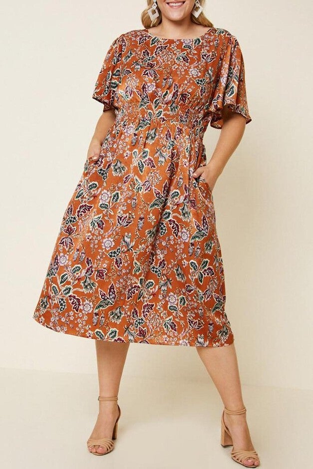 Woodstock Floral Satin Smock-Waist Midi Dress, Rust orange with green maroon floral print / Rust, hi-res image number 0