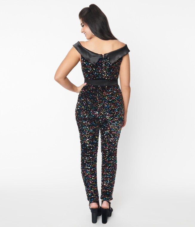 Unique Vintage Black & Rainbow Sequin Gillian Jumpsuit, Black Rainbow Sequin / Black, alternate image number null