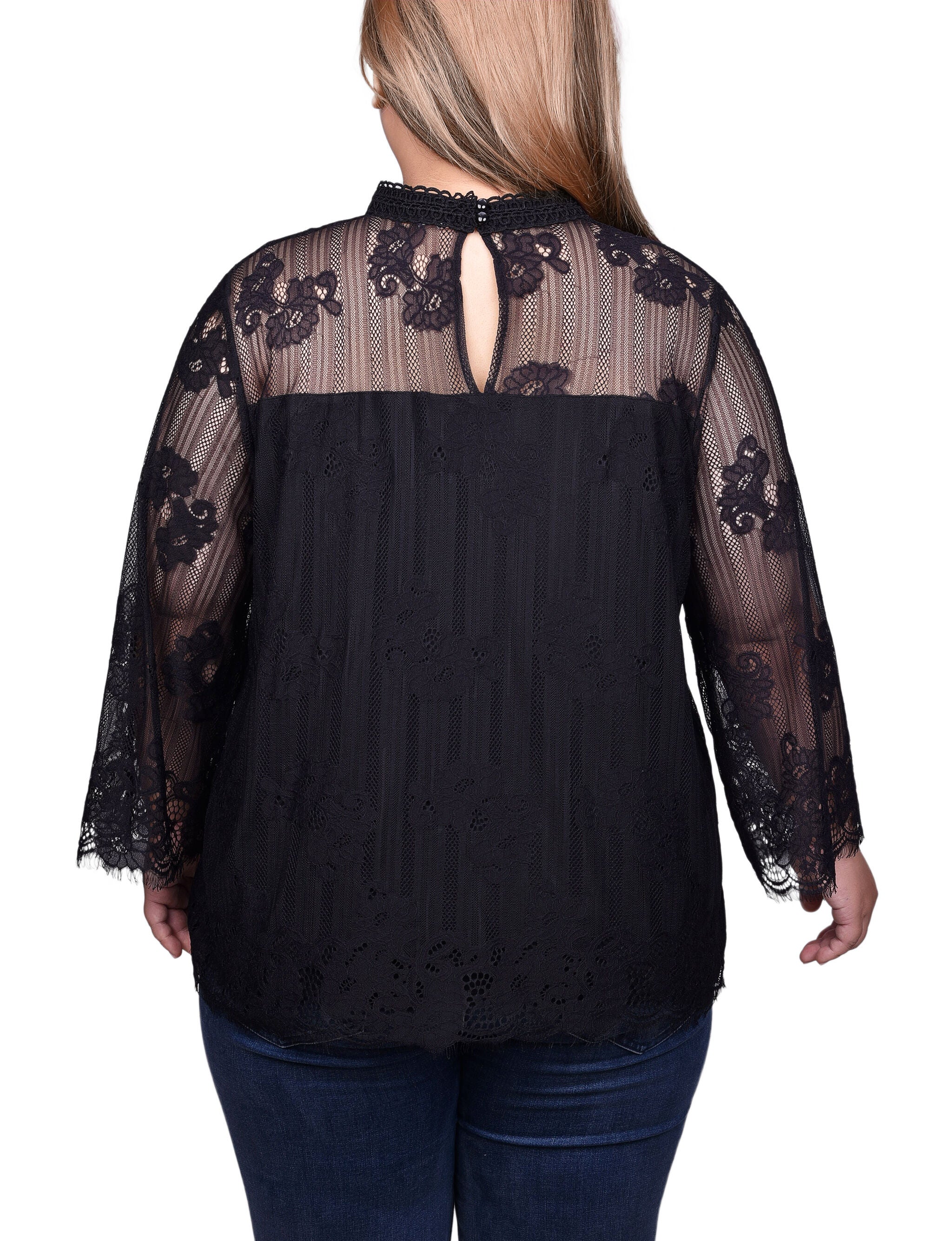 3/4 Sleeve Lace Blouse, Black, alternate image number 1