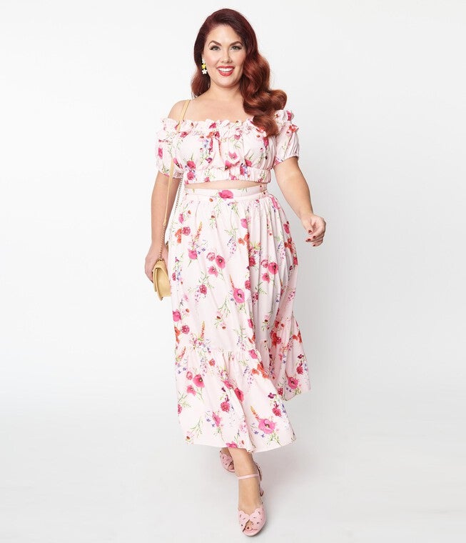 Unique Vintage Light Pink Floral Tiered Midi Skirt, , alternate image number 8