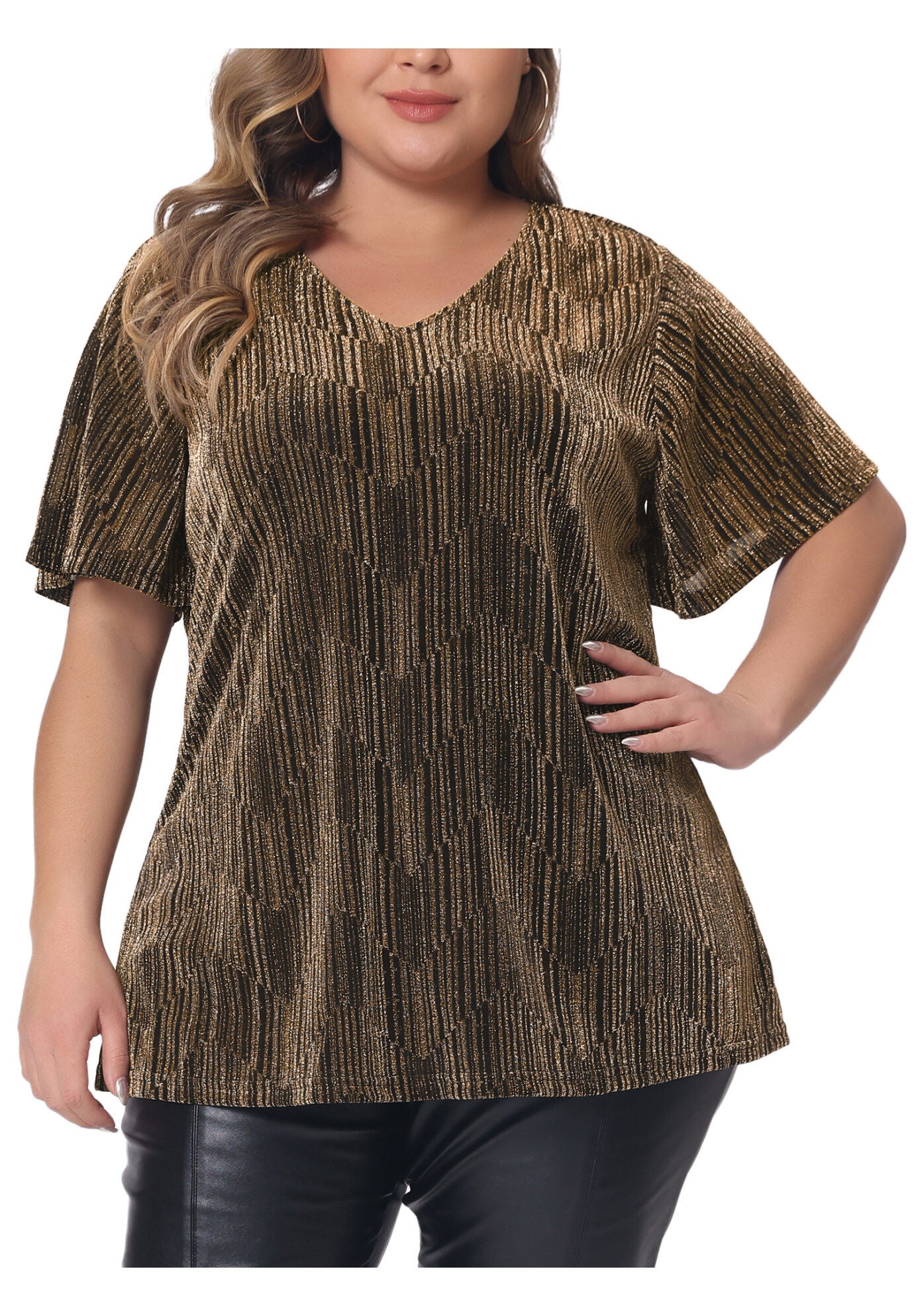 V Neck Metallic Short Sleeve Party Blouse Tee Top, Gold / Gold, alternate image number 2