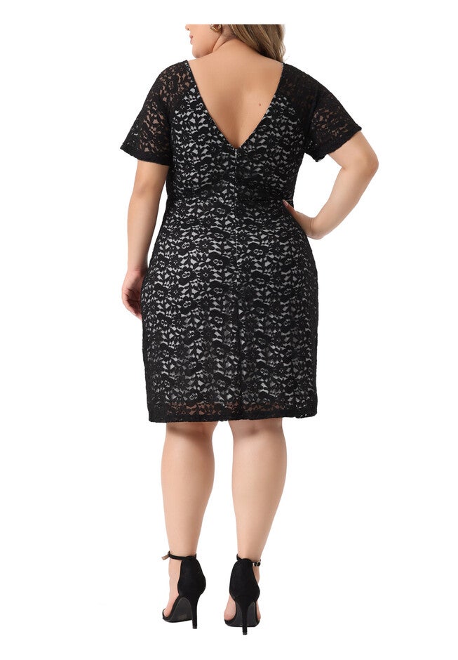 V NECK SHORT SLEEVE COCKTAIL WEDDING GUEST BODYCON LACE PENCIL DRESS, Black / Black, alternate image number 3