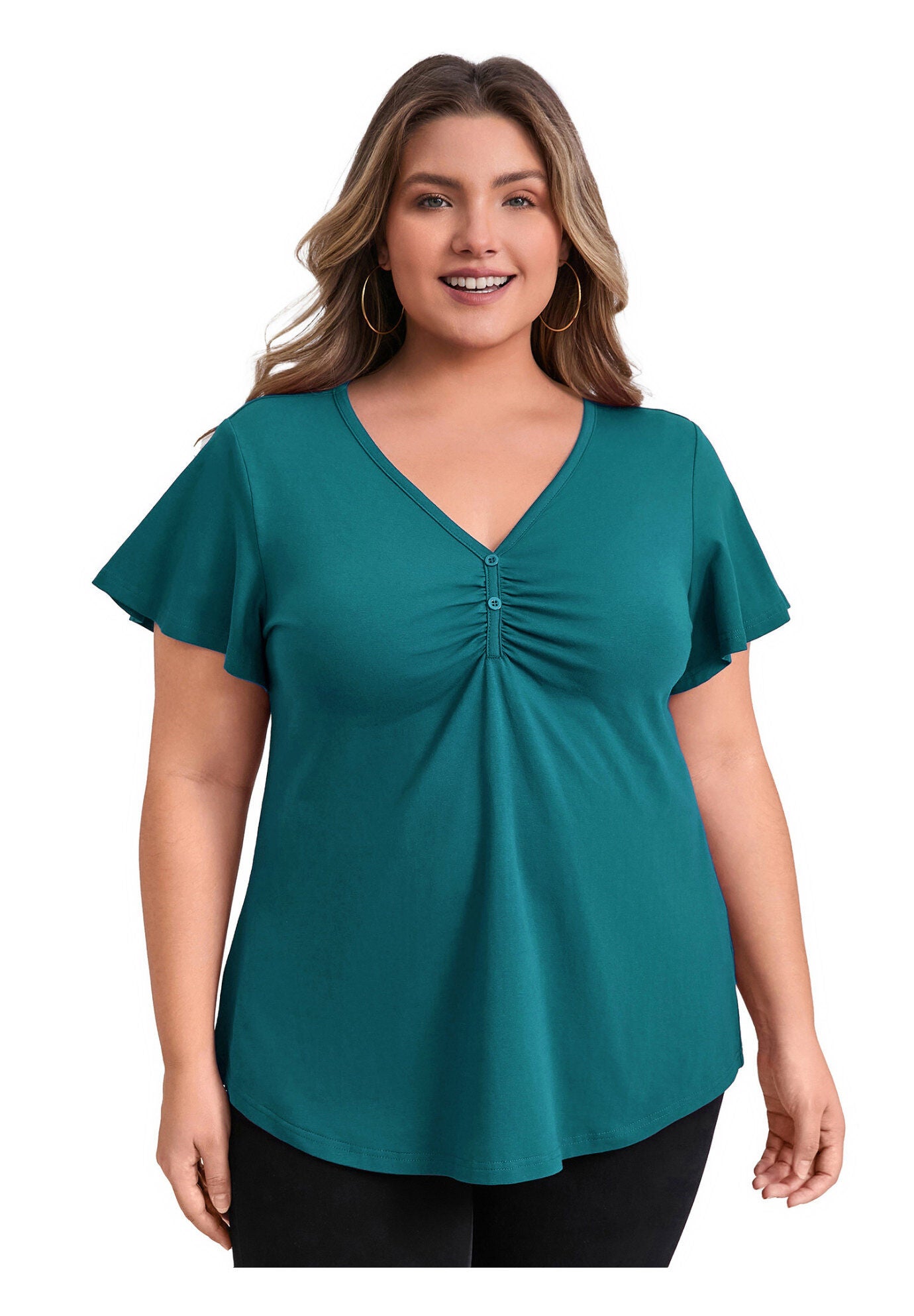 Front Pleated V Neck Flutter Sleeve Button Decor Blouse, Teal / Teal, hi-res image number 0