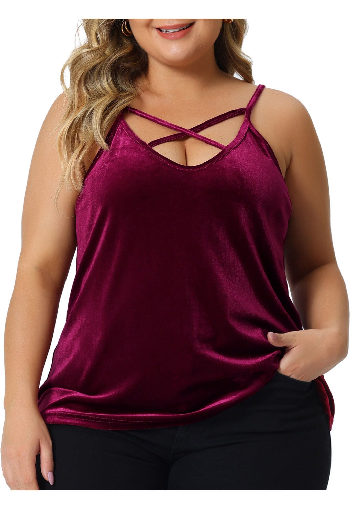 Criss Cross V Neck Spaghetti Strap Cami Velvet Tank Top, Burgundy / Red, alternate image number 2