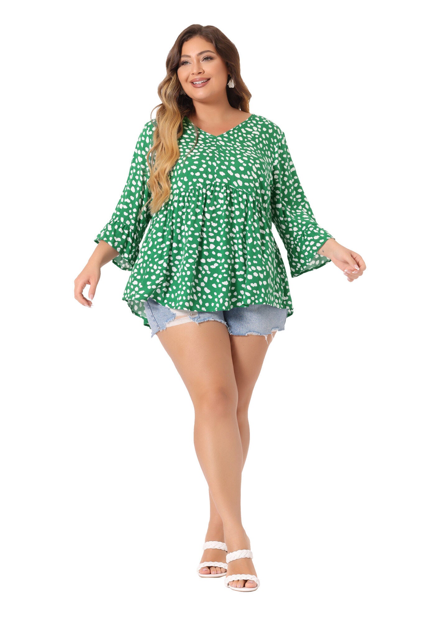 Polka Dots Blouse 3/4 Ruffle Sleeve Peplum Top, Green / Kelly Green, hi-res image number 0