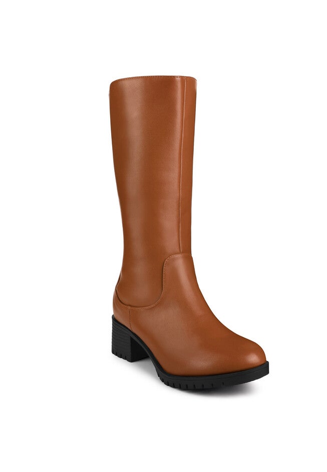 Riding Combat Boot Round Toe Chunky Heels Mid Calf Boots, Brown / Brown, hi-res image number 0