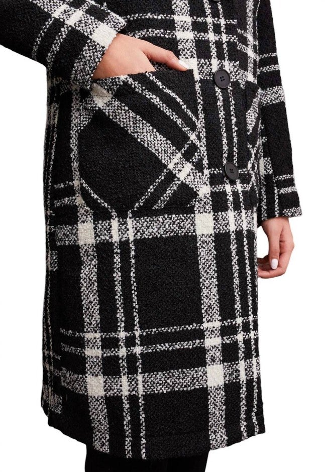 TEXTURE BOUCLE PLAID DUSTER BUTTON-UP COAT JACKET, Black White / Black, alternate image number null