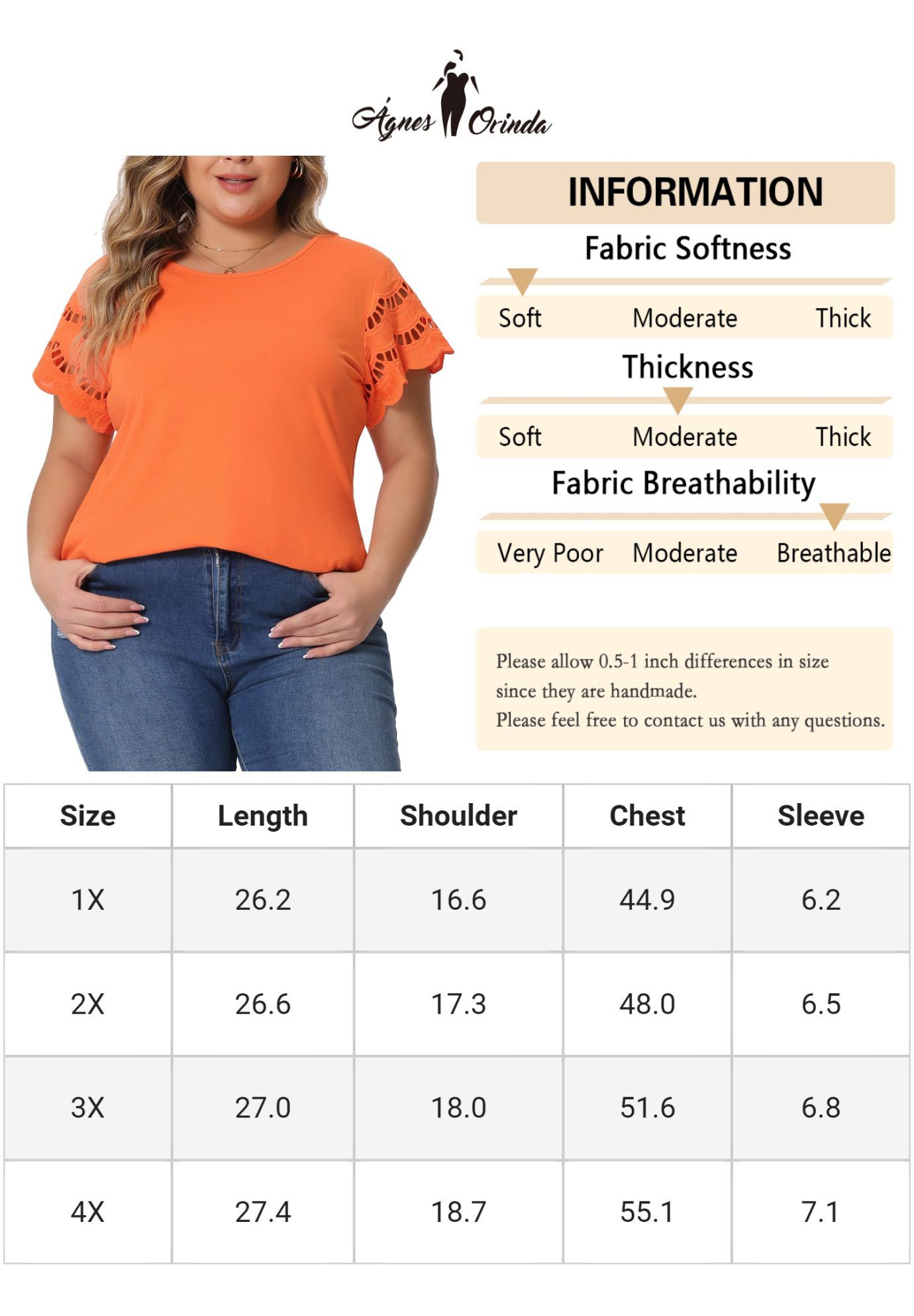 Lace Panel Hollow Short Sleeve Summer Blouse, Orange / Orange, alternate image number 4
