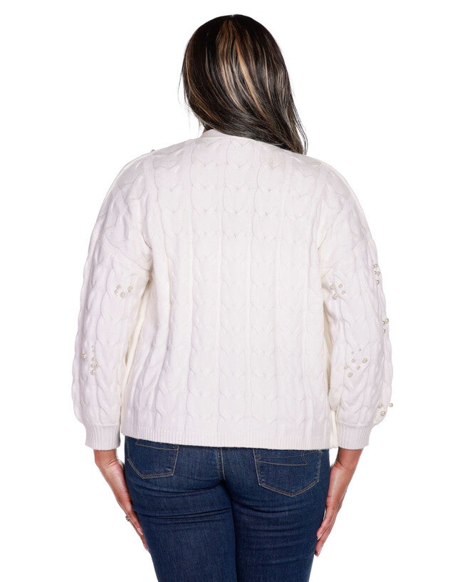 EMBELLISHED OPEN-FRONT CABLE CARDIGAN SWEATER, Winter White / Cream, alternate image number 1