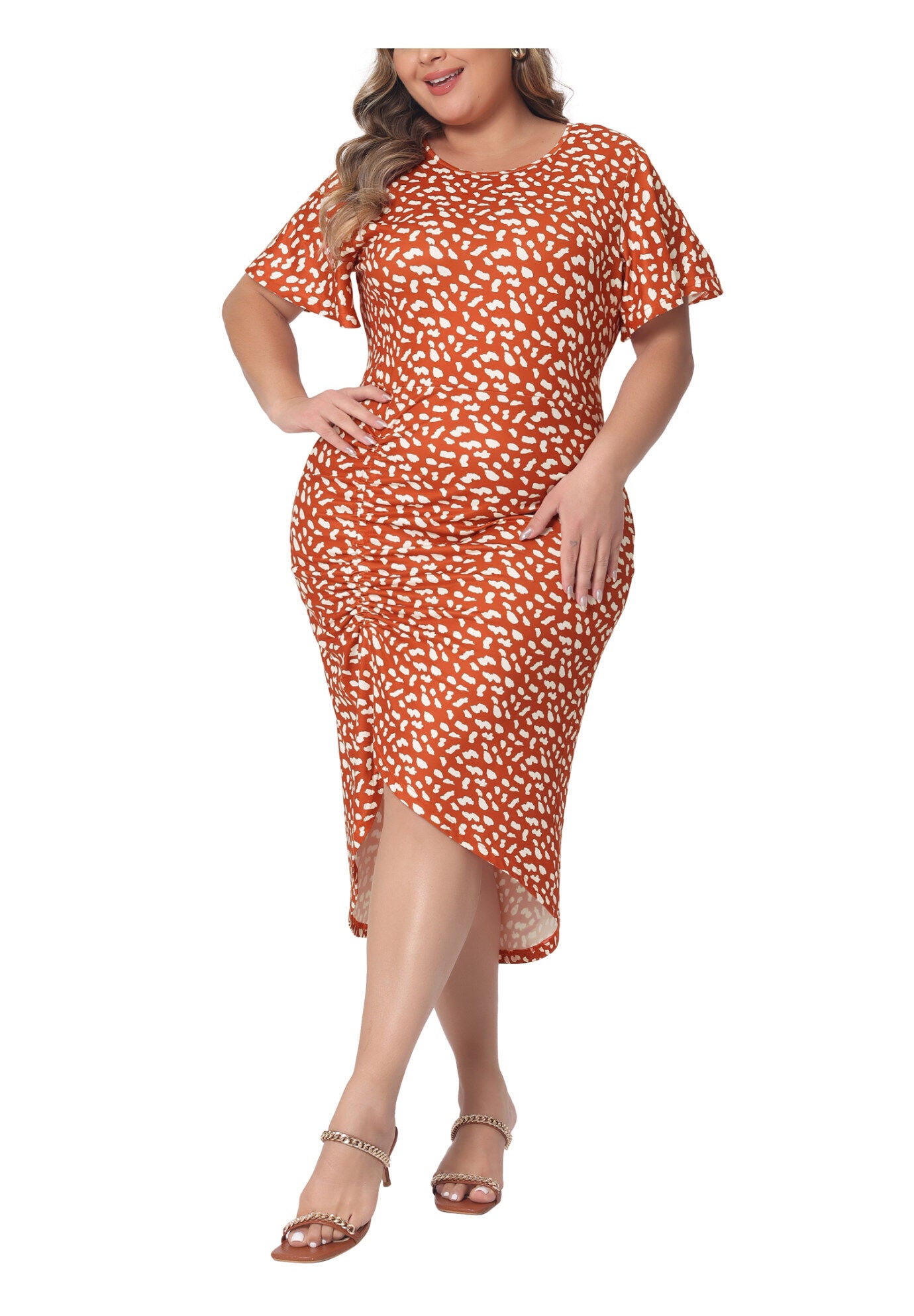 Polka Dots Ruched Round Neck Short Sleeve Wedding Cocktail Bodycon Dress, Orange / Orange, alternate image number 1