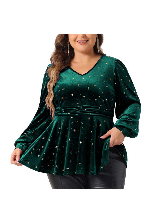 Velvet V Neck Long Sleeve Shiny Metallic Star Blouse Top, Dark Green / Hunter Green, alternate image number null