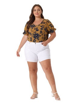 Floral V Neck Ruffle Short Sleeve Blouse Summer Top
