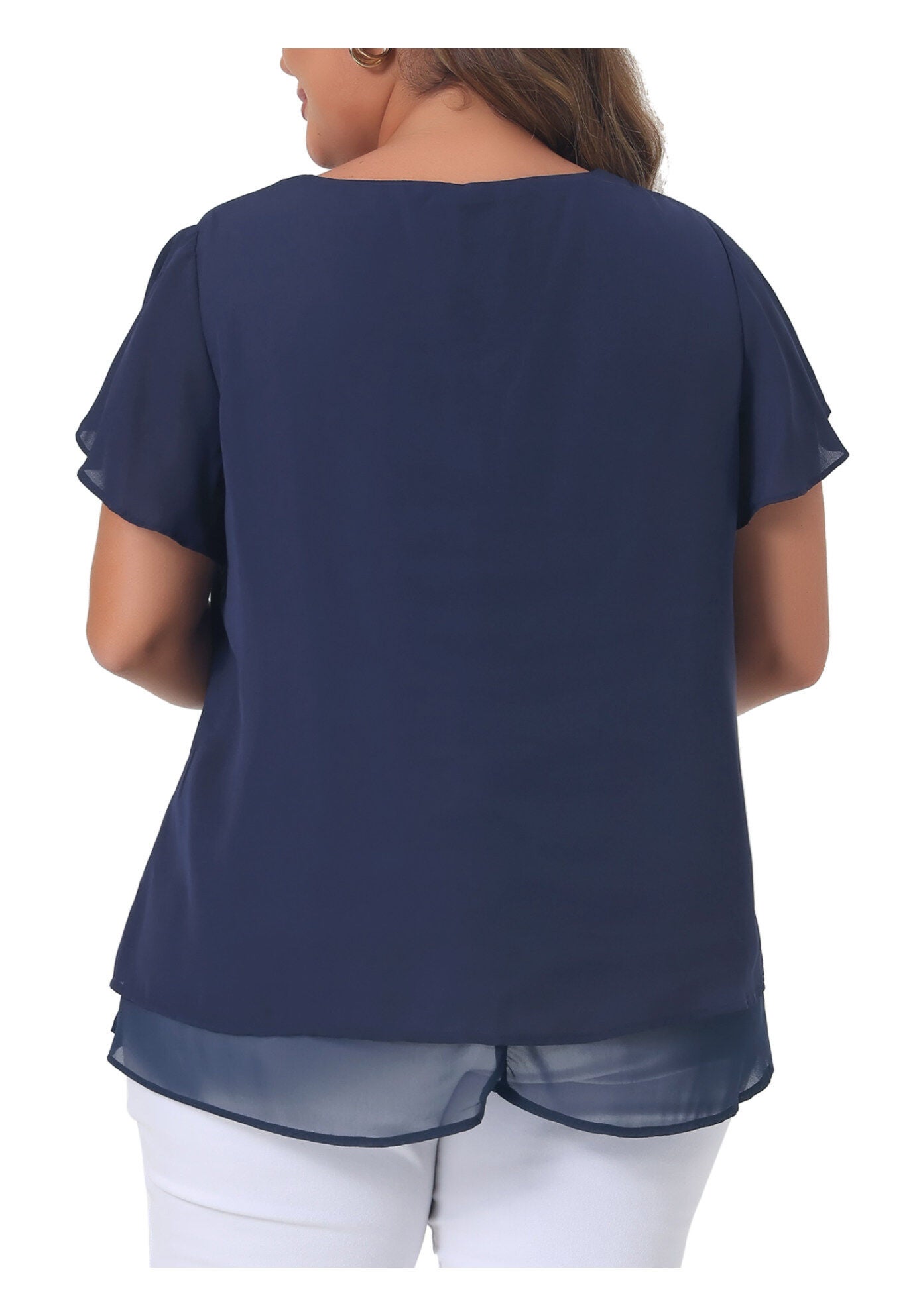 Summer Top Ruffle Short Sleeve V Neck Double Layered Hem Chiffon Blouse, Navy Blue / Navy, alternate image number 3
