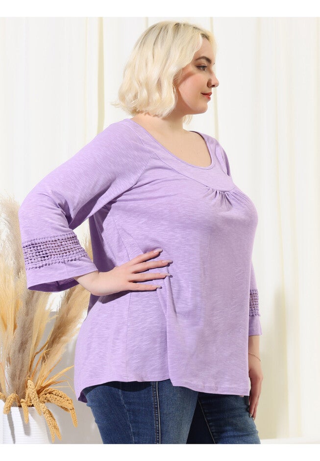 CROCHET PANEL HOLLOW OUT PLEATED TUNICS BLOUSE TOP, Light Purple / Purple, alternate image number 4