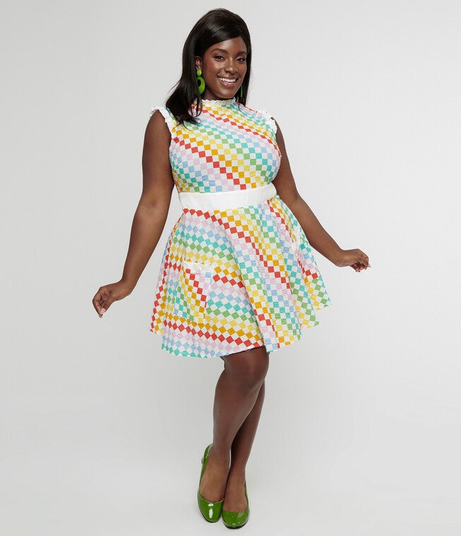 Smak Parlour 1960s Rainbow Check Cotton Happy Hour Flare Dress, , alternate image number 6