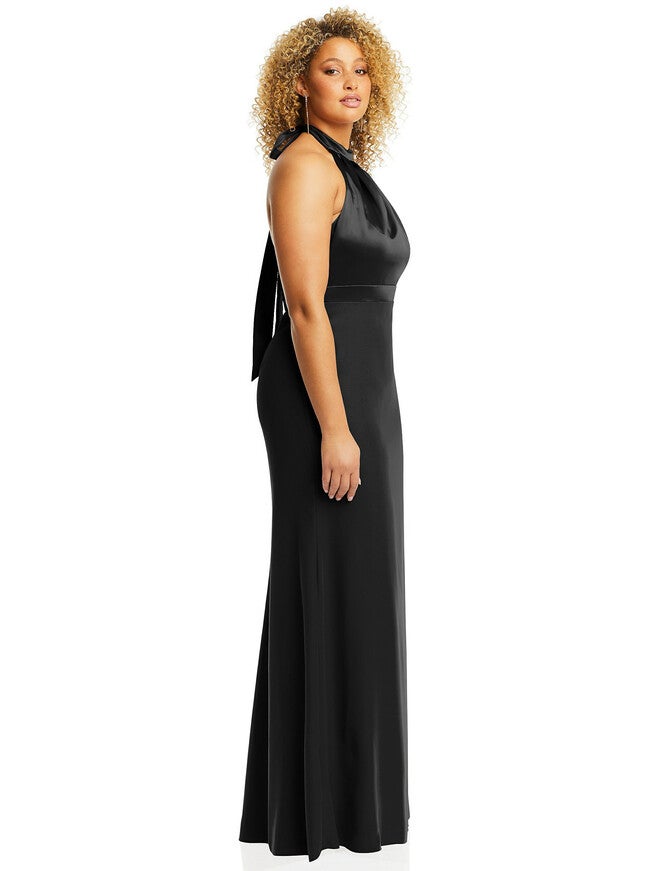 High-Neck Open-Back Maxi Dress with Scarf Tie, , alternate image number null