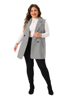 SLEEVELESS NOTCHED LAPEL BUTTON PLAID BLAZER LONG VEST