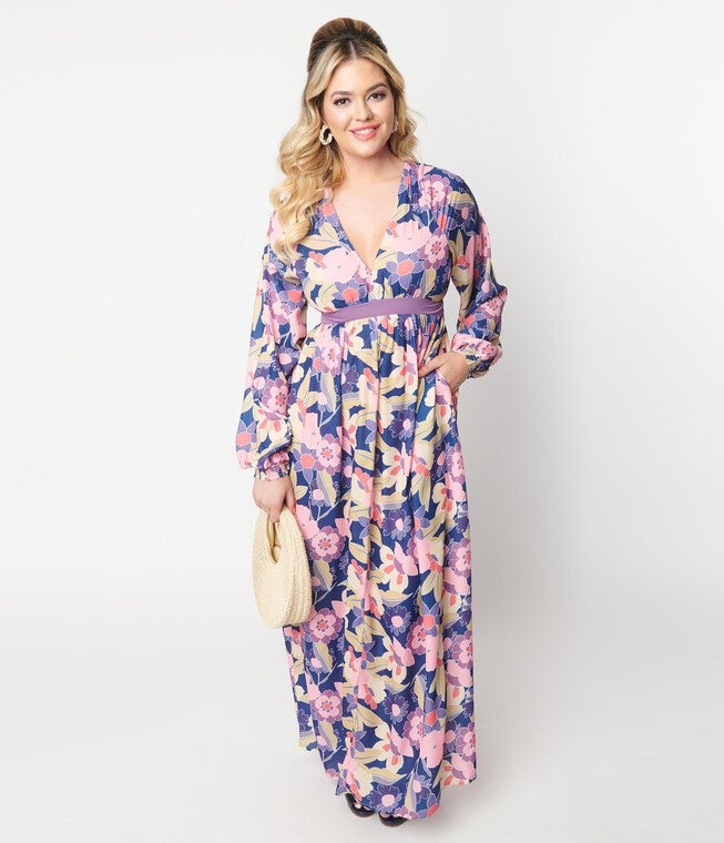 Unique Vintage Navy & Purple Floral Print Buttercup Maxi Dress, Floral Blue Purple / Purple, alternate image number 4