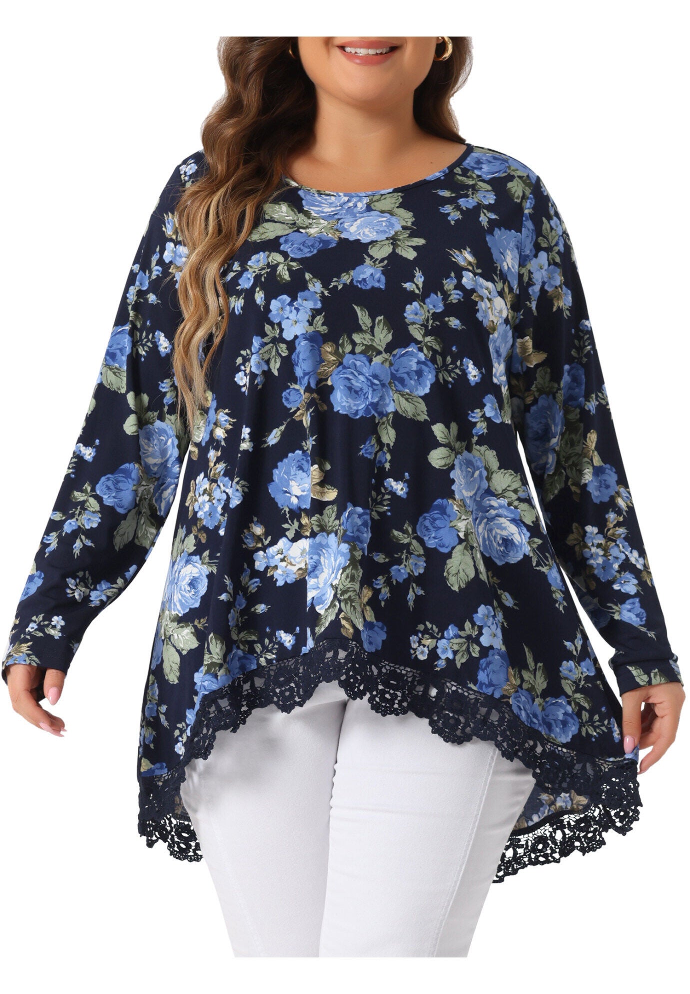 Crew Neck A-Line High Low Hem Floral Blouse, Navy Blue / Navy, alternate image number 2