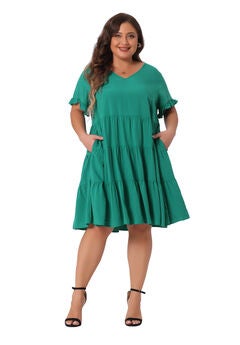 V Neck Ruffle Sleeve with Pockets Swing A Line Tiered Dress