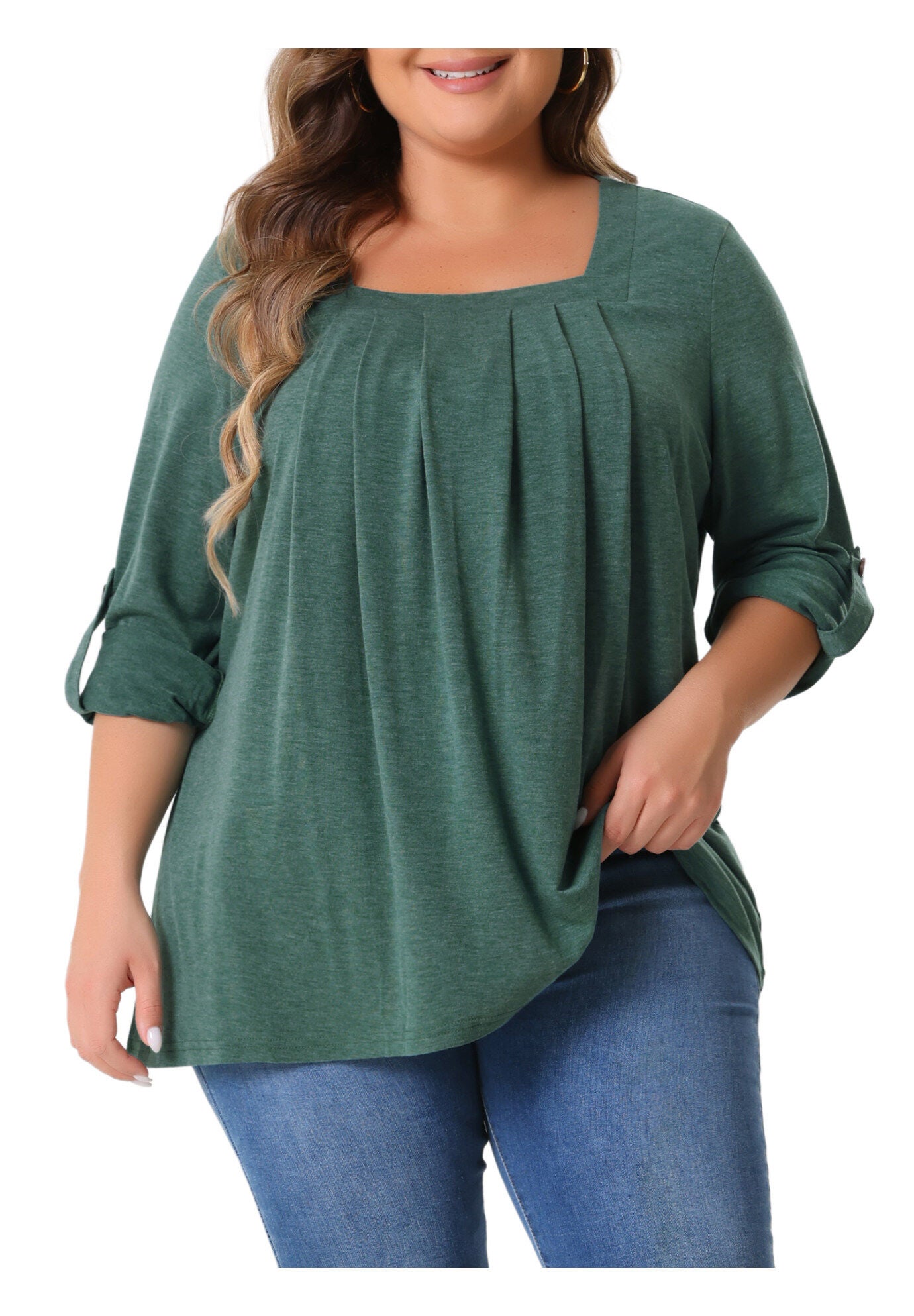 Square Neck Flowy Pleated Loose Fit Tunic Top, Green / Hunter Green, alternate image number 2